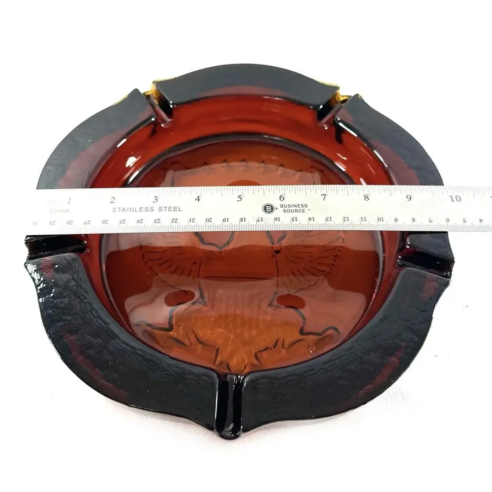 Vintage Amberina Red Glass Ashtray 10” Eagle Patriotic Black Rim Mid Century - Picture 3 of 5